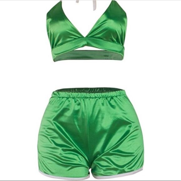 Pants - Green Silky Halter Bra Top Short Sporty Set EUC